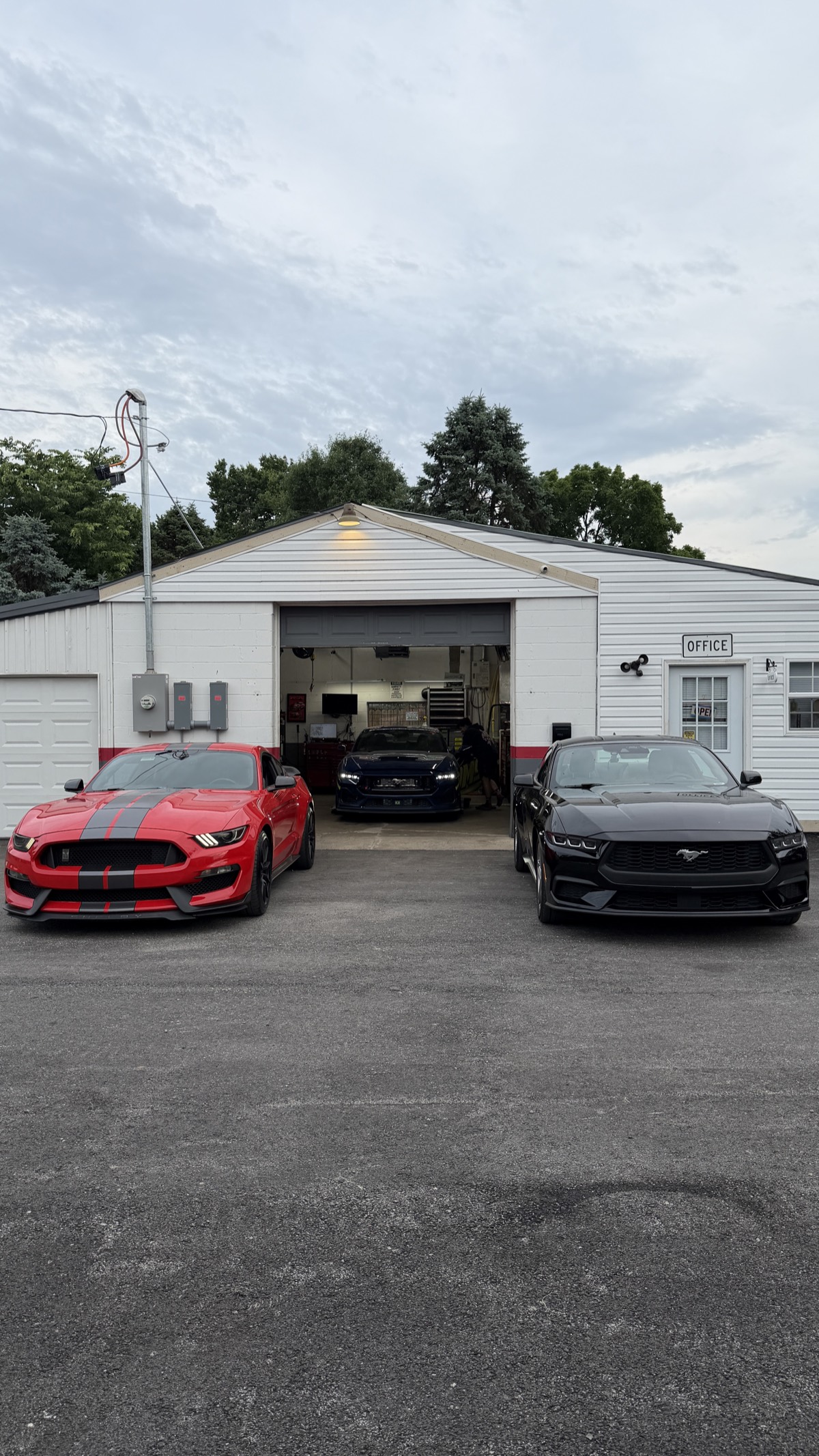 Performance Mustangs parked outside Dave's Mechanic Shop