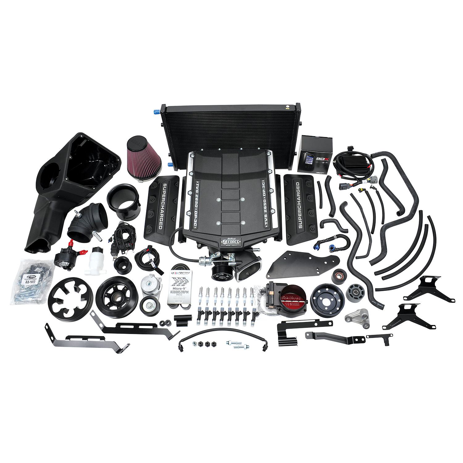 Complete belt-driven supercharger system with heat exchanger, intake, pulleys and installation hardware