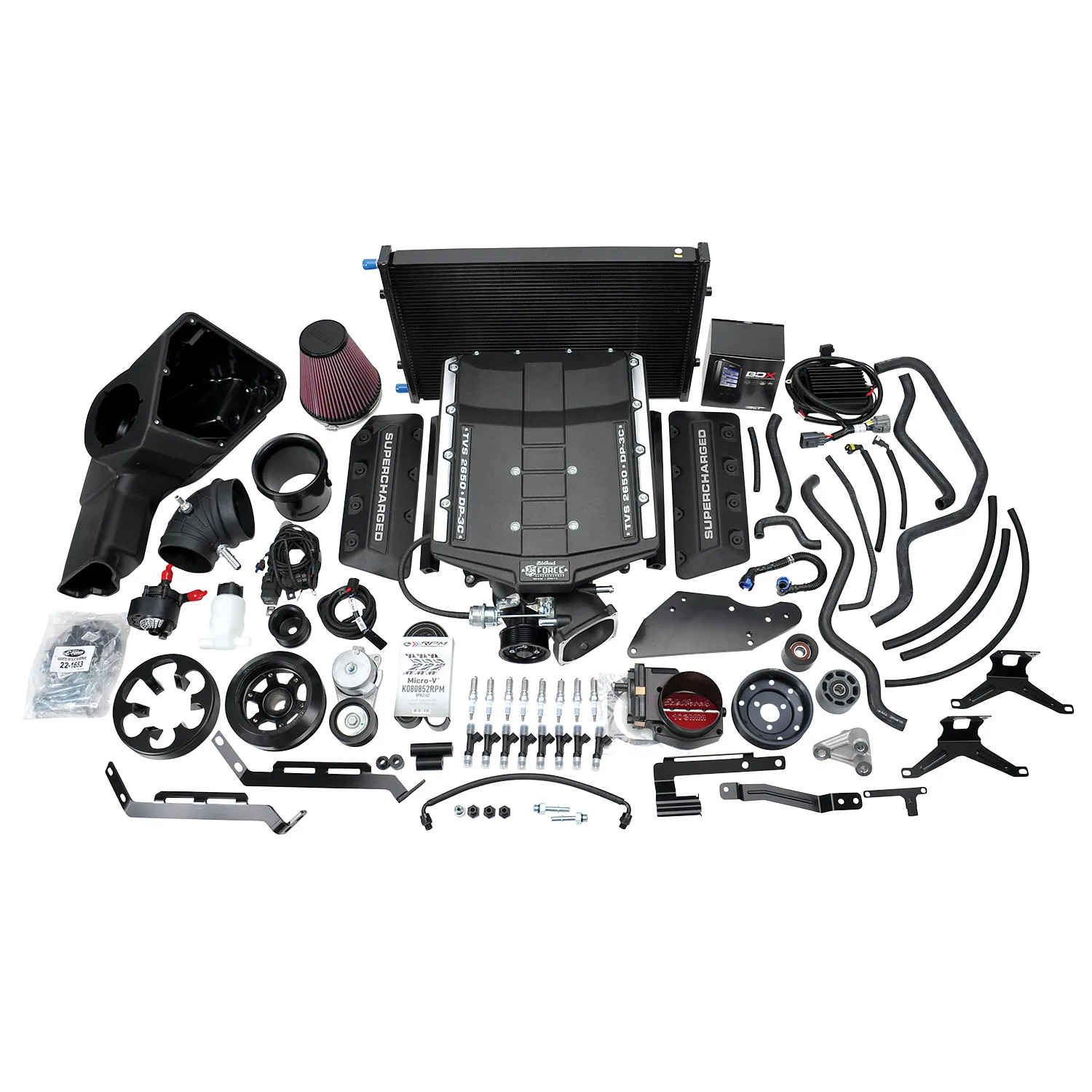 Complete belt-driven supercharger system with heat exchanger, intake, pulleys and installation hardware