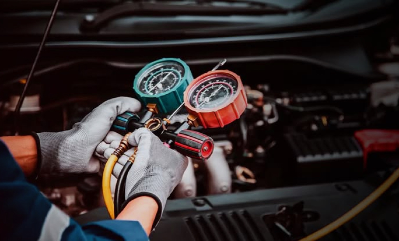 Air-conditioning manifold gauges connected during system testing