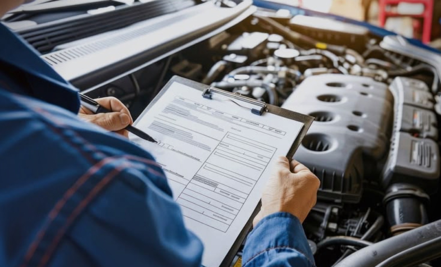 Technician documenting a complete engine-bay vehicle inspection