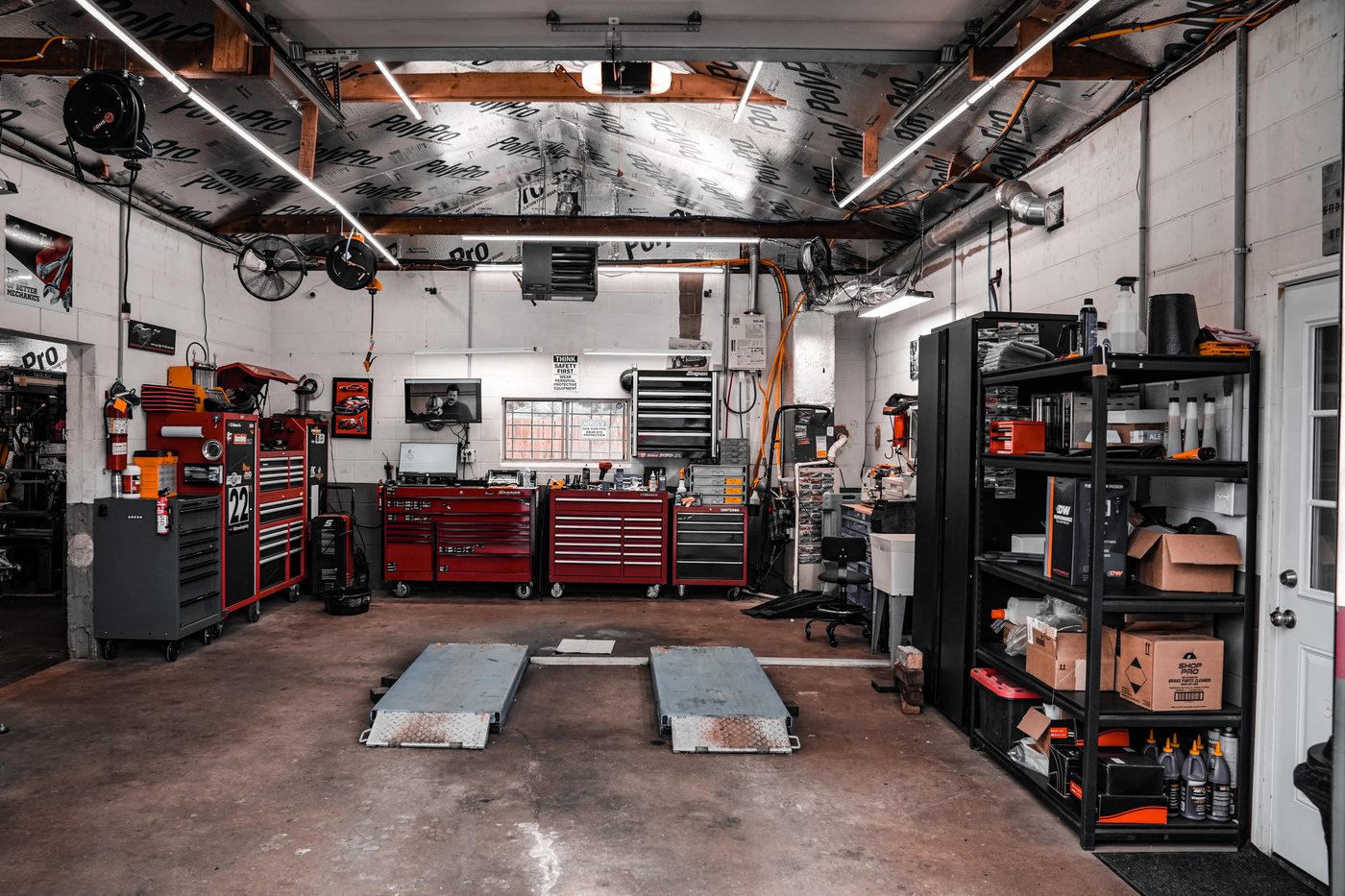 Inside Dave's Mechanic Shop — tool chests and the service bay