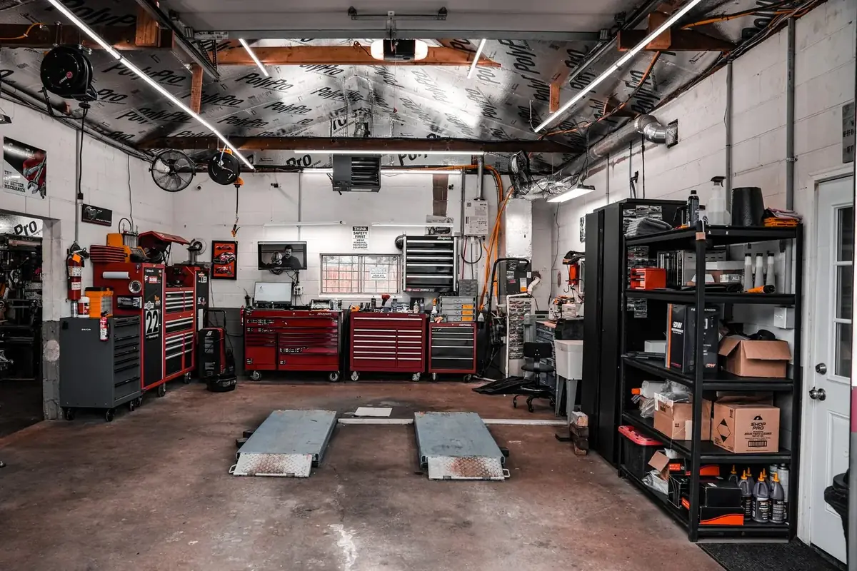 Inside Dave's Mechanic Shop — tool chests and the service bay